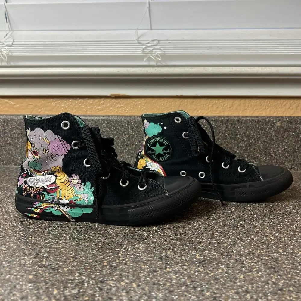 Converse All Star Kids Youth Size 1 Black Doodle-Style Canvas High Top Sneakers